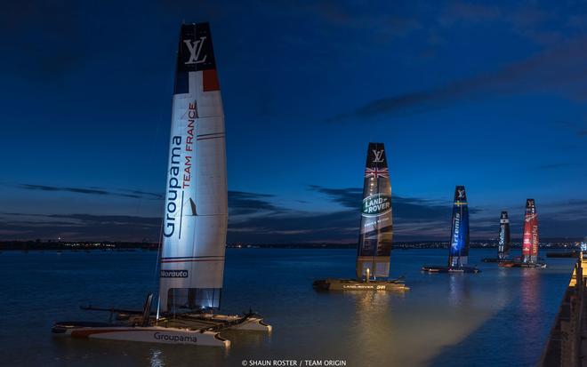 AC45s fleet at Portsmouth lit up by Exposure Lights wirefree portable LED Outdoor Event spotlights ©  Shaun Roster